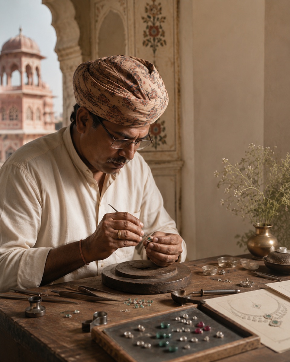A Jaipur artisan at a workbench cutting and polishing gemstones