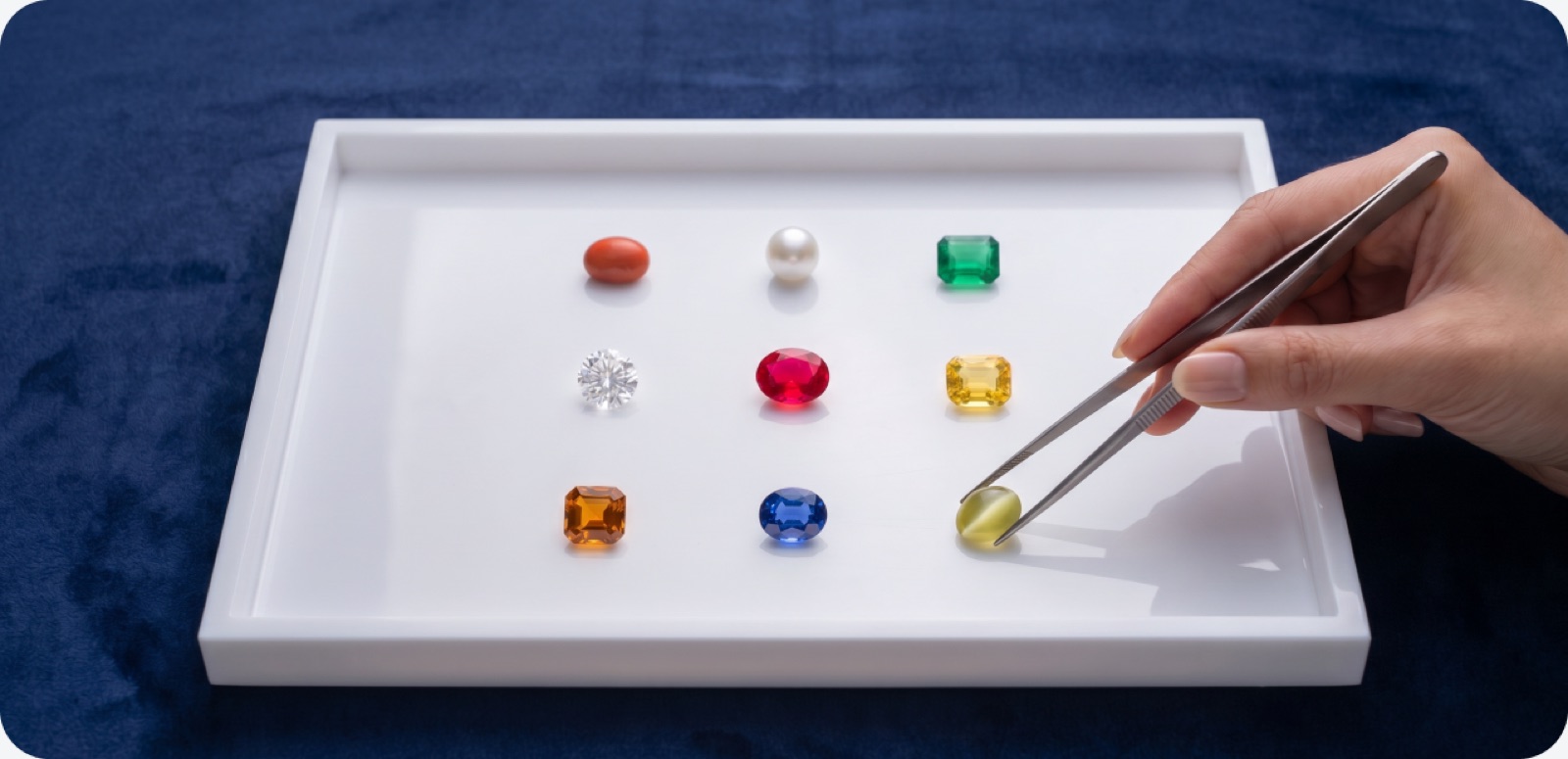 Selecting coloured gemstones from a tray with tweezers